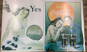 (2) Coke-Cola Repo Tin Signs: Young Couple & Yes Wet Suit 12.5” x 16” Signs - Picture 1 of 8