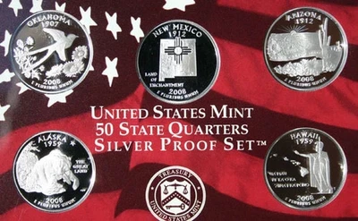 2008 S US Mint SILVER State QUARTER Proof 5 Coin ONLY Set w box and coa - Image 1 of 2