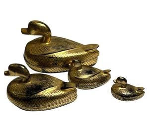 Set 4 portagioie vintage birmane legno laccato oro laccato anatra famiglia - Foto 1 di 6