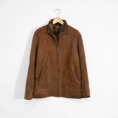 Vintage Shearling Zip Up Leather Jacket Mens Small - Fur Lined Distressed Brown - Image 1 of 4