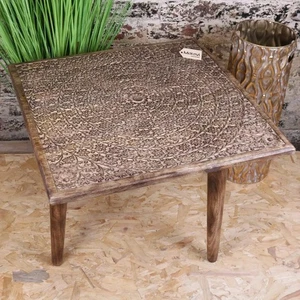 Ibra Large Side Table Burnt Mango Wood Hand Carved End Coffee Plant Home Decor - Picture 1 of 5