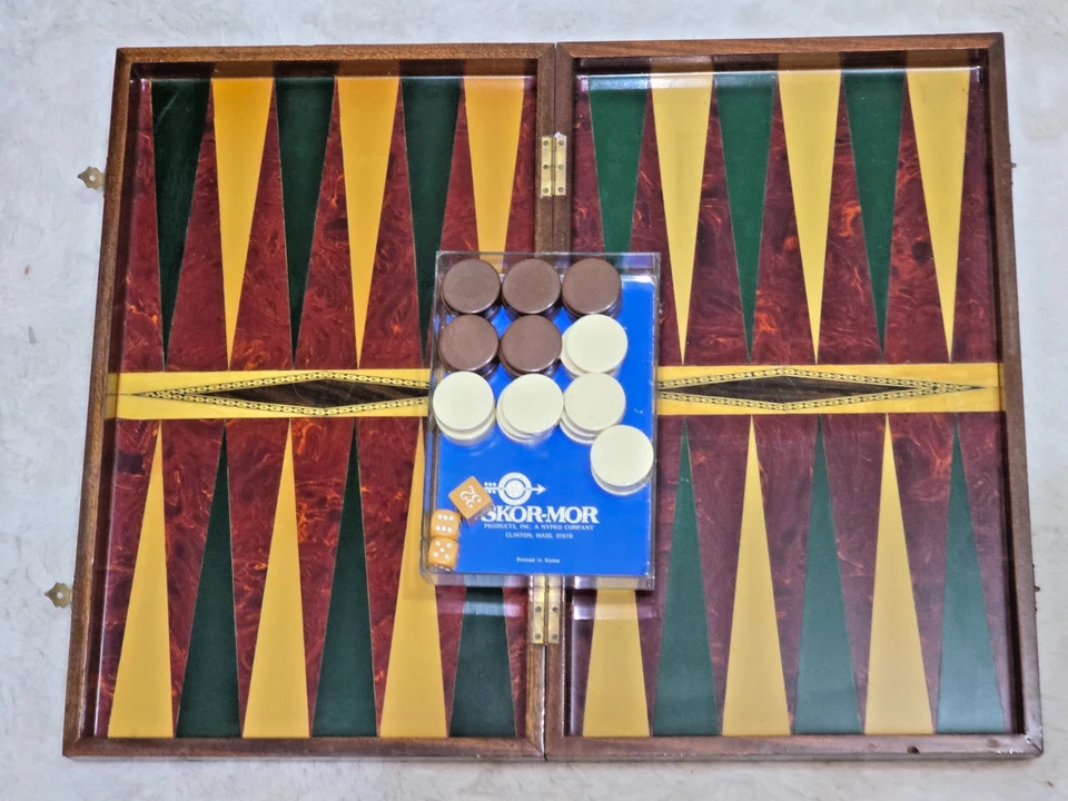 Vintage Middle Eastern Inlaid Wooden Backgammon Set – Mosaic Board Game 22 x 18" - Image 1 of 4