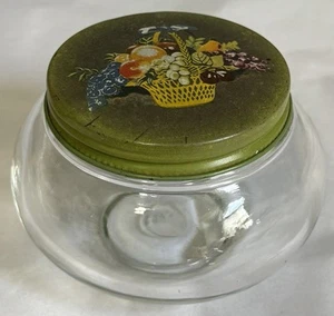 Vintage Klarglas Schmuck Seifenblasenglas mit Obstkorb Dekor & grün lackiertem Deckel - Bild 1 von 12