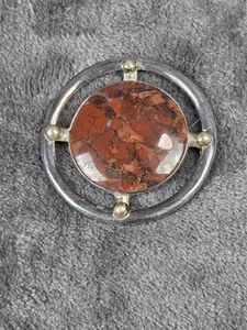 Mexico 925 Sterling Silver Brooch Pin Round Brecciated Jasper Faceted Stone - Picture 1 of 4