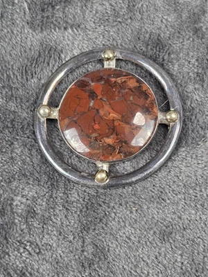 Broche prendedor redondo de plata de ley 925 de México piedra facetada de jaspe brechado Foto 1 de 4