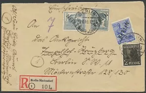 Berlin Schwarzaufdruck 2+ 2x12 + 50 Pf. auf R- Brief Mariendorf - Tempelhof - Bild 1 von 2