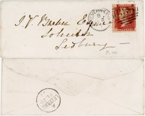 GB QV PENNY RED Plate 141 GJ on MINIATURE ENVELOPE MALVERN LINK - Picture 1 of 3