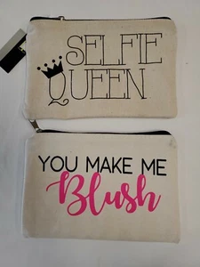 Lot X2 Girls Canvas Makeup Bags "Selfie Queen" & "You Make Me Blush" BRAND NEW! - Picture 1 of 8
