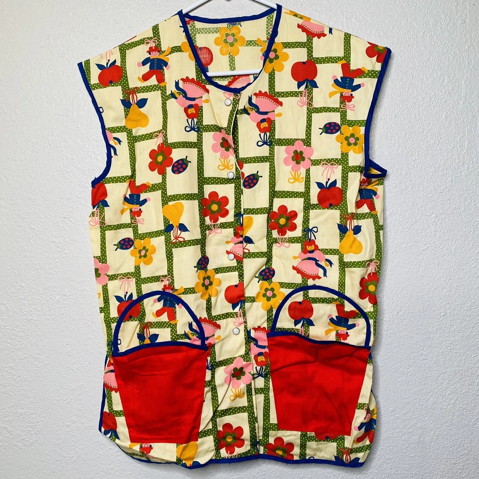 HANDMADE Vtg APRON Top Bucket Pockets Ladybugs Flowers 70s Retro - Image 1 of 4