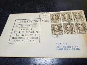 USS Macon ZRS-5 Naval Zeppelin Flight Cover 1933 Hengstler Cach 1/2 Cent stamps - Picture 1 of 2
