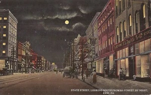 Erie, PENNSYLVANIA - State Street - Nightview - horse & wagon, moonlight - Picture 1 of 2