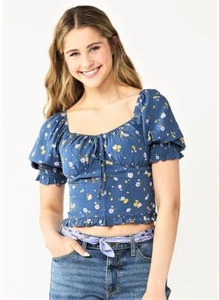 Juniors' SO Cropped Tie-Front Puff Top, Girl's, Blue - Picture 1 of 1