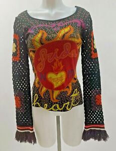 Custo Barcelona FRIDA Multicolor Top with Crocheted Sleeves Fringe Trim Size S
