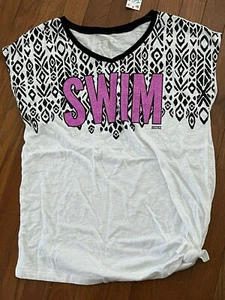 New Justice Junior Girls Black White Purple Glitter Swim Top Shirt Tee Size 18 - Picture 1 of 7