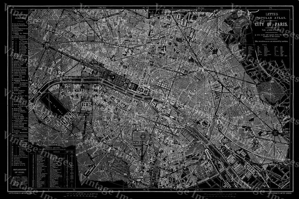 Historic 1883 PARIS FRANCE  CITY WALL MAP POSTER PRINT - Image 1 of 1