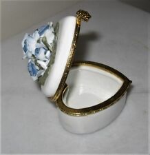 Heart shaped box gold hinge latch rim blue rose floral top porcelain anniversary