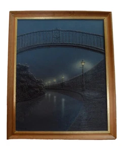 Nighttime Bridge Over River Tonalism Painting By T. Easton Vintage - Picture 1 of 1