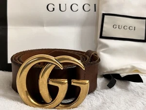 Authentic Gucci Belt Brown Leather Golden Buckle Classic Double GG size 80/32 - Picture 1 of 3