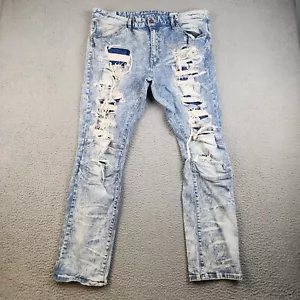 Heavy Denim Moto Jeans Mens 40x32 Blue Bleach Wash Slim Fit Destroyed Punk Metal - Picture 1 of 15