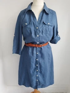 BODEN Linen Shirt Dress Blue Midi Pockets No Belt Size 16R - Picture 1 of 10