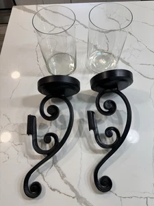 2 Pottery Barn Black Wrought Iron Wall Sconces Clear Glass Pillar Candle Holders - Picture 1 of 11