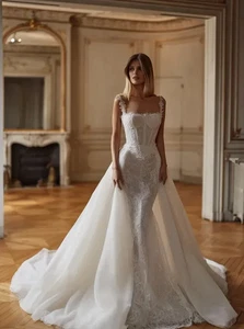 Long Mermaid Princess Wedding Dress with Detachable Train Lace Tulle Sweetheart - Picture 1 of 8