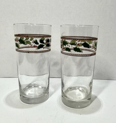 Set of 2 ~ Royal Limited "HOLLY HOLIDAY" Glass Tumblers   ~ 6 1/4" Tall - Image 1 of 4