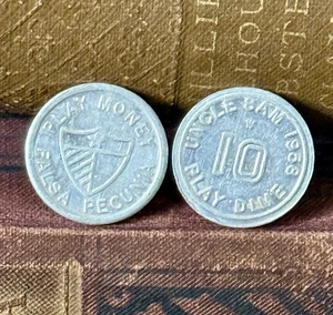 Vtg 1958 Aluminum Uncle Sam False Pecunia Play Money Token Dime Waco TX Lot of 2 - Picture 1 of 4