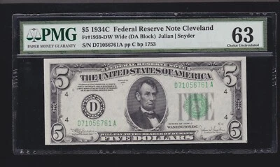 US 1934C $5 FRN Cleveland Wide FR 1959-DW PMG 63 (761) 1 of 2 Consecutive - Image 1 of 2