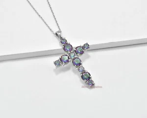 Colgante Cruz Piedra Natal Noviembre Plata Esterlina 925 Topacio Místico Arco Iris - Imagen 1 de 9