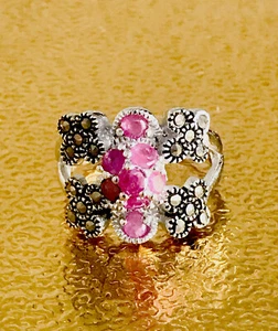 NEW REAL RUBY & MARCASITE SILVER RHODIUM PLATED RING SIZE 8/TCW 29 - Picture 1 of 6