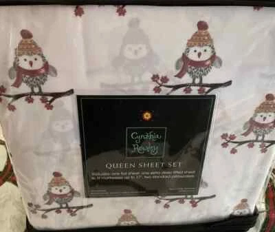 辛西娅·罗利 OWLS 床单套装 4 件套女王尺寸冬季鸟帽围巾新品 — 第 1/4 张图片