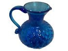 Vintage Murano (?) Blue Art Glass  Pitcher Ribbed Glass Handle