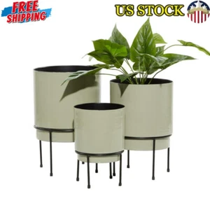 10 In Gray Metal Planter W/ Removable Stand Drainage Holes Rod Leg Stands Round - Picture 1 of 3