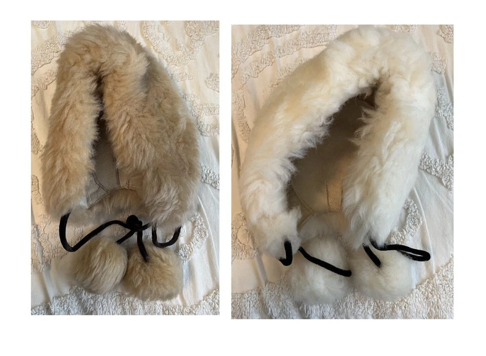 VTG Lamb Skin Bonnet Hood Winter hat- Pompom ties 70s -teen to small adult size - Image 1 of 1