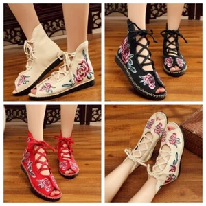 Embroider Flat Sandals Women Casual Gladiator Lace Up Beach Shoes Holiday Summer - Picture 1 of 13