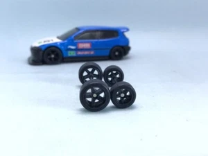 R439 Hot Wheels 1/64 Real Riders # 5 Spoke Black 8/10mm Long Civic Rubber Wheels - Bild 1 von 4