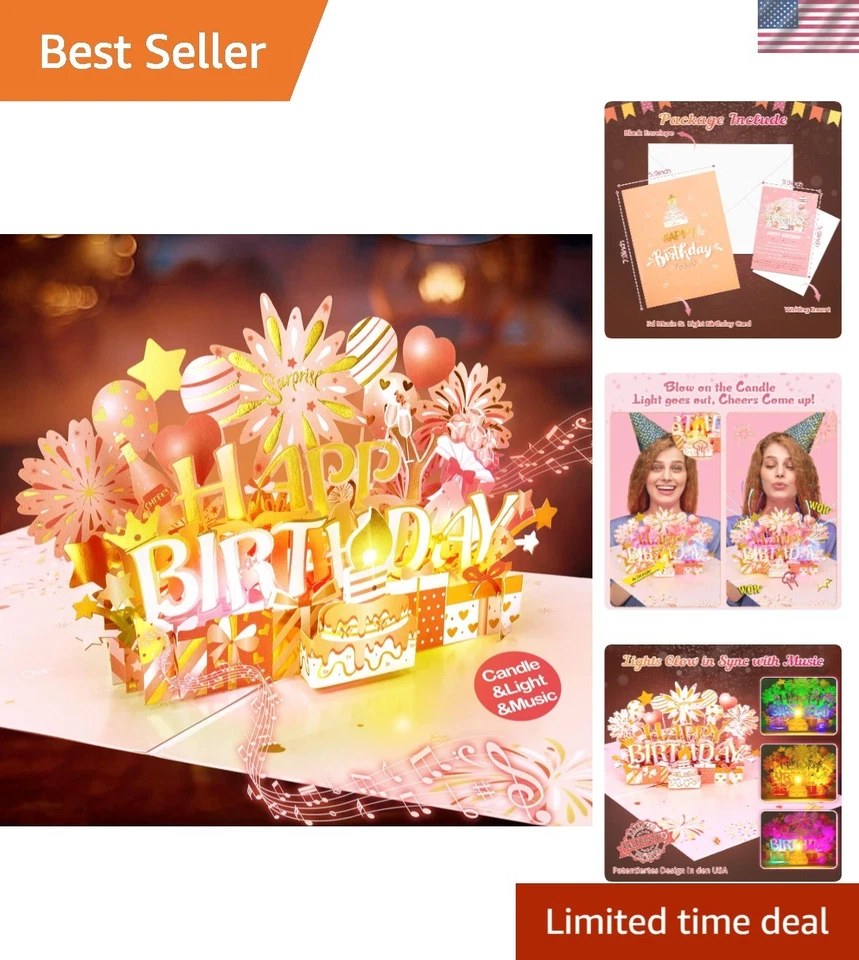 Tarjeta emergente de celebración de cumpleaños en oro rosa con luz y música para seres queridos Foto 1 de 4