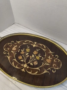 Vintage Italian Marquetry Wood Floral Inlay Brass Handle Tea Vanity Tray Serving - Picture 1 of 9