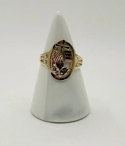 14k Solid Tricolor Gold Cross Praying Hands Ring Oro Solido Manos Rezando Anillo - Picture 1 of 5