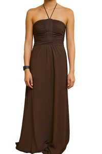 Maxi Vestido Halter Plisado de Gasa de Seda Marrón Chocolate Talla 2 Formal Vestido de Noche - Imagen 1 de 12