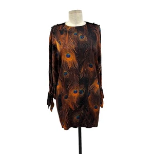 Givenchy Vintage Peacock-Print Poet-Sleeve Blouse Silk Brown Size 34 US 2 - Picture 1 of 11