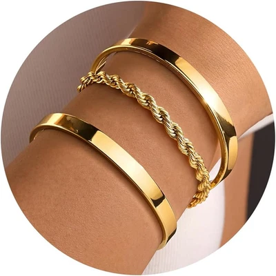 Gold Bracelets for Women Non Tarnish Dainty 14K Real Gold Plated Bangle Cuff Bra - Image 1 of 4
