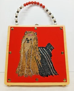 VINTAGE DESIGNER YORKIE DOG HANDBAG WOODEN HAND BEADED FREE SHIPPING - Picture 1 of 6