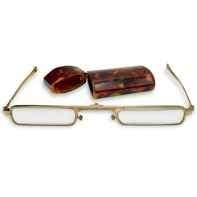 FOLDING READING GLASSES Short Arm Gold Frame Hard Tortoise Case Menu Golf Opera - Image 1 of 4