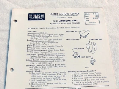 1958 Buick Special Roadmaster Original GM Autronic Eye Service/Repair Info NOS - Image 1 of 4