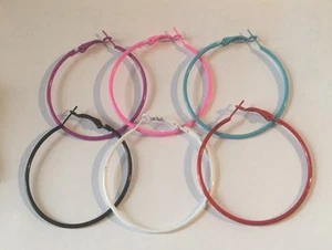 FUN COLORS LARGE 2" HOOP EARRINGS SIMPLE THIN HOOPS BLUE BLACK RED PINK PURPLE - Picture 1 of 7