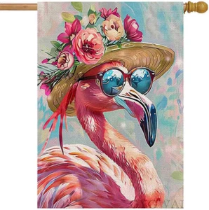 Summer Flamingo House Flag 28X40 Inch Double Sided Large Burlap Yard Holiday - Picture 1 of 12