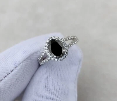 Genuine Black Onyx Oval Cut Halo Diamond Engagement Ring 14K White Gold Plated - Image 1 of 4