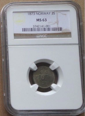 1873 NORWAY SILVER Coin 3 Skilling NGC  MS-63 , SCARCE GRADE - Image 1 of 2